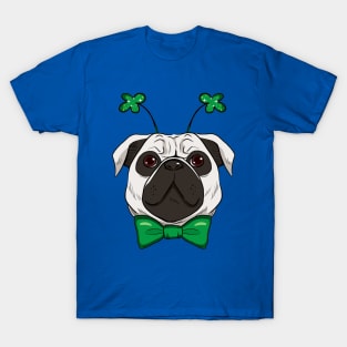 Cute St. Patrick pug dog with green bow tie and fashionable green sparkling clover accessory T-Shirt